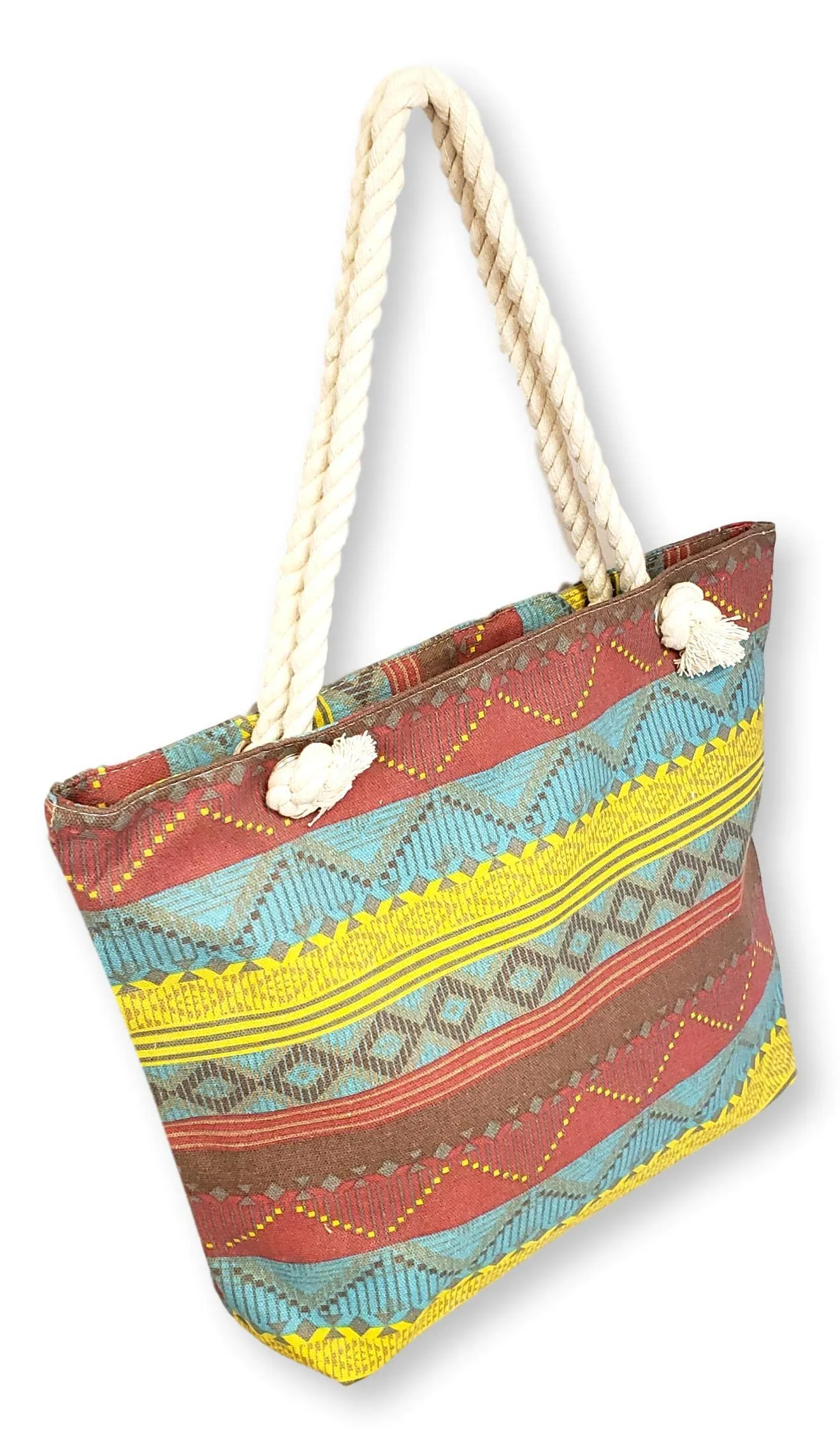 101 BEACH Medium Sized Summer Print Canvas Beach Tote Bag ... (Burgundy Teal Boho Stripe)