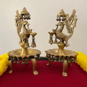 13.5 Inches Peacock Diya Lamp With Bell (Set of 2) - Handmade Brass lamp Home Decor