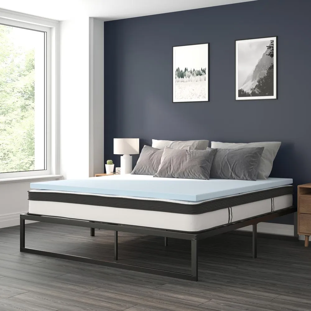 14 Inch Metal Platform Bed Frame With 10 Inch Pocket Spring Mattress In A Box And 3 Inch Cool Gel Memory Foam Topper - King By Flash Furniture