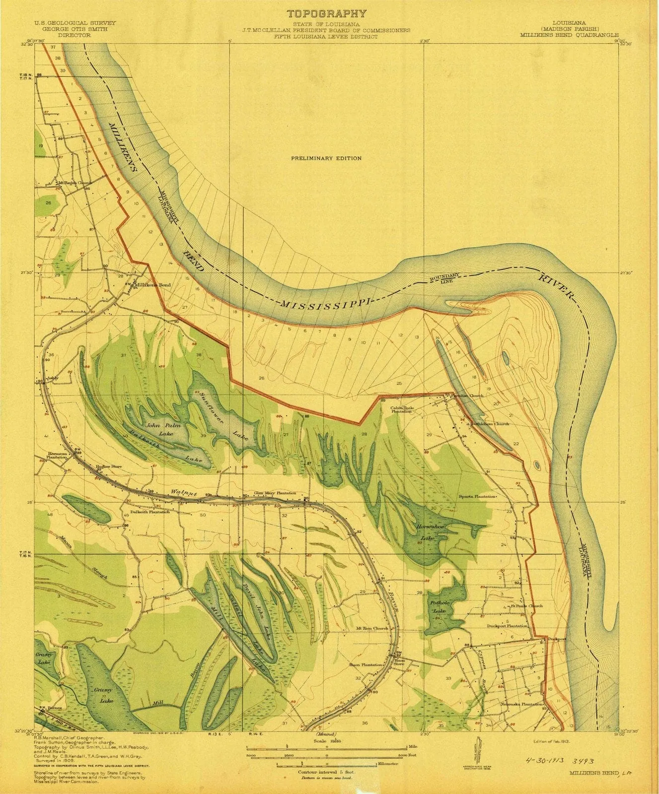 1909 Millikens Bend, LA - Louisiana - USGS Topographic Map