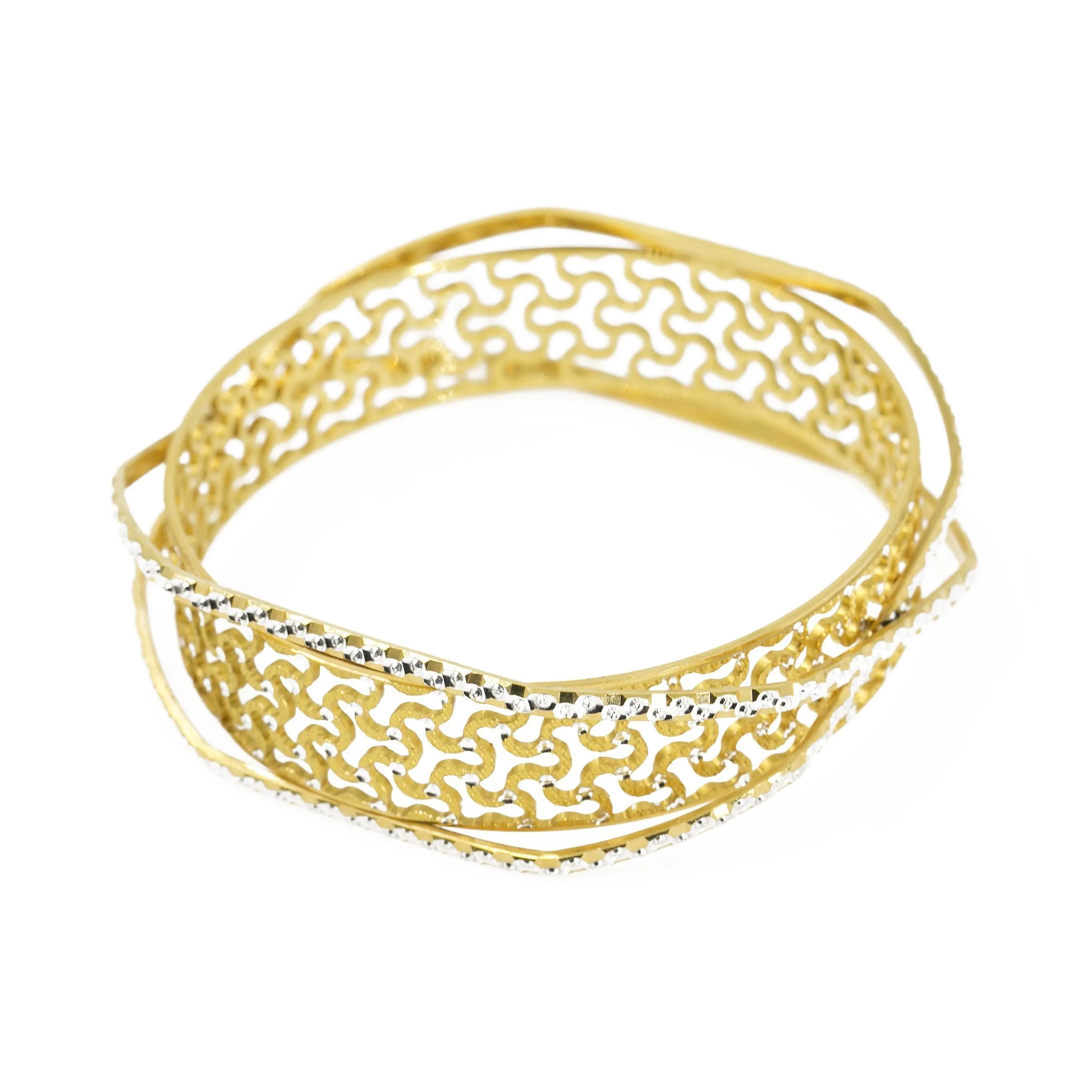 22K Multi Tone Gold Bangle W/ Diamond Cutting & Open Cut Design on Crossover Bracelets