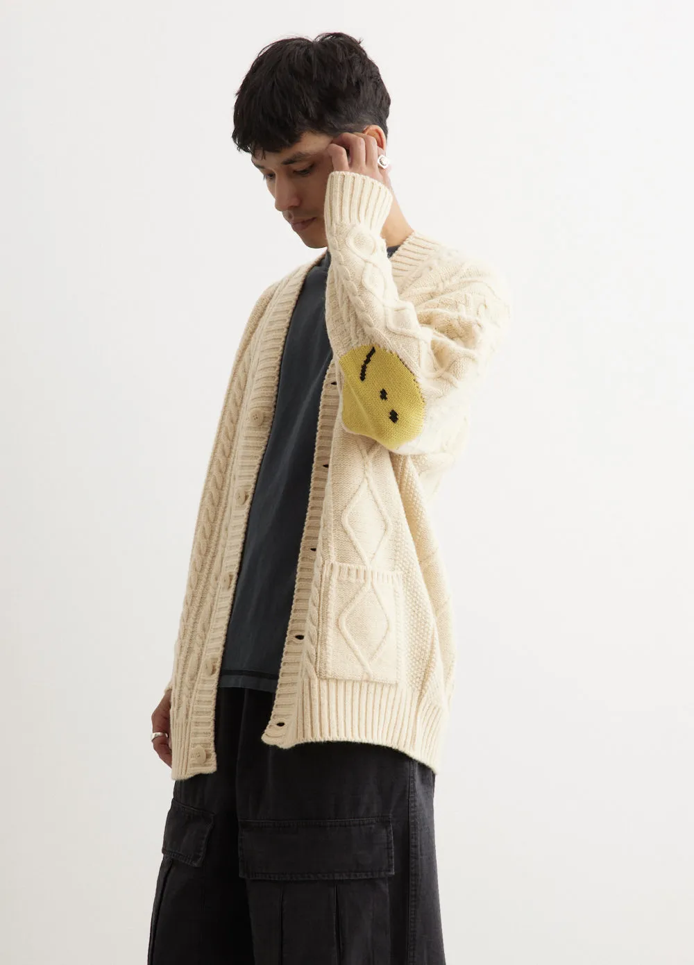 5G Wool Cable Knit SMILIE Patch Cardigan