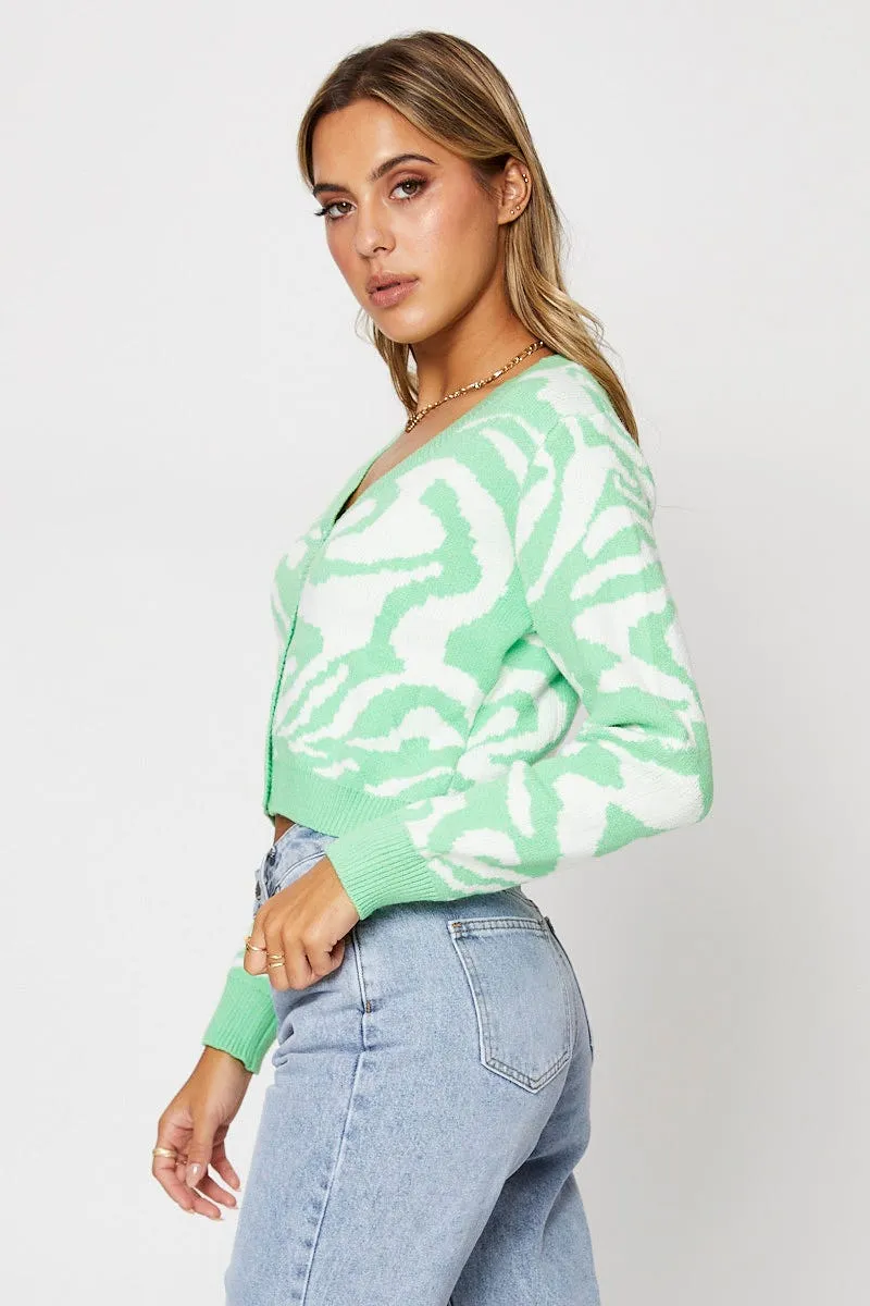 Abstract Print Knit Cardigan Long Sleeve Crop V-Neck