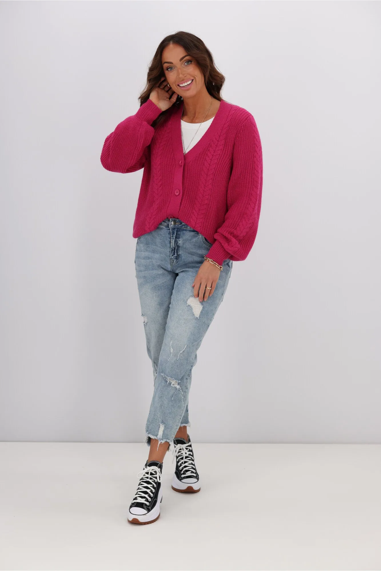 Alpine By Shine On Camille Merino Cable Knit Cardigan Pink