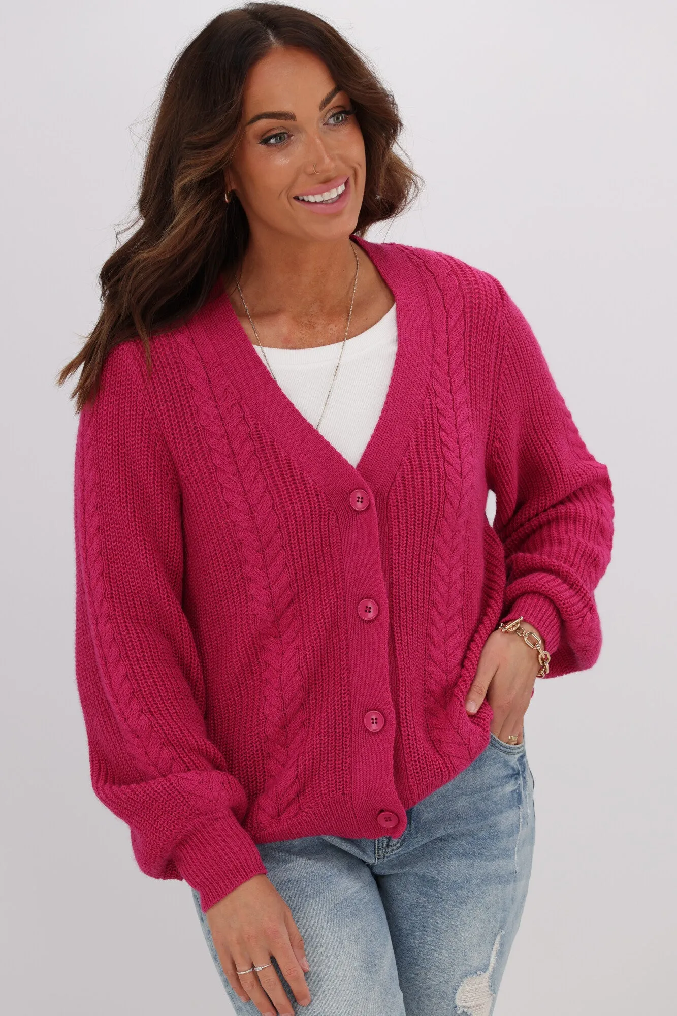 Alpine By Shine On Camille Merino Cable Knit Cardigan Pink