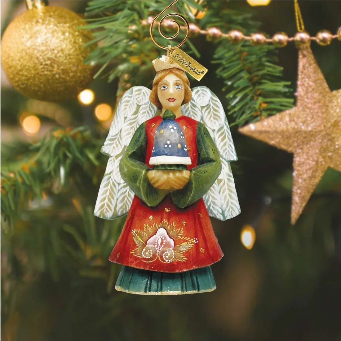 Angel with Bell Sculpted Hand-Painted Christmas Figurine by G. DeBrekht - Christmas Santa Snowman Décor - 657101