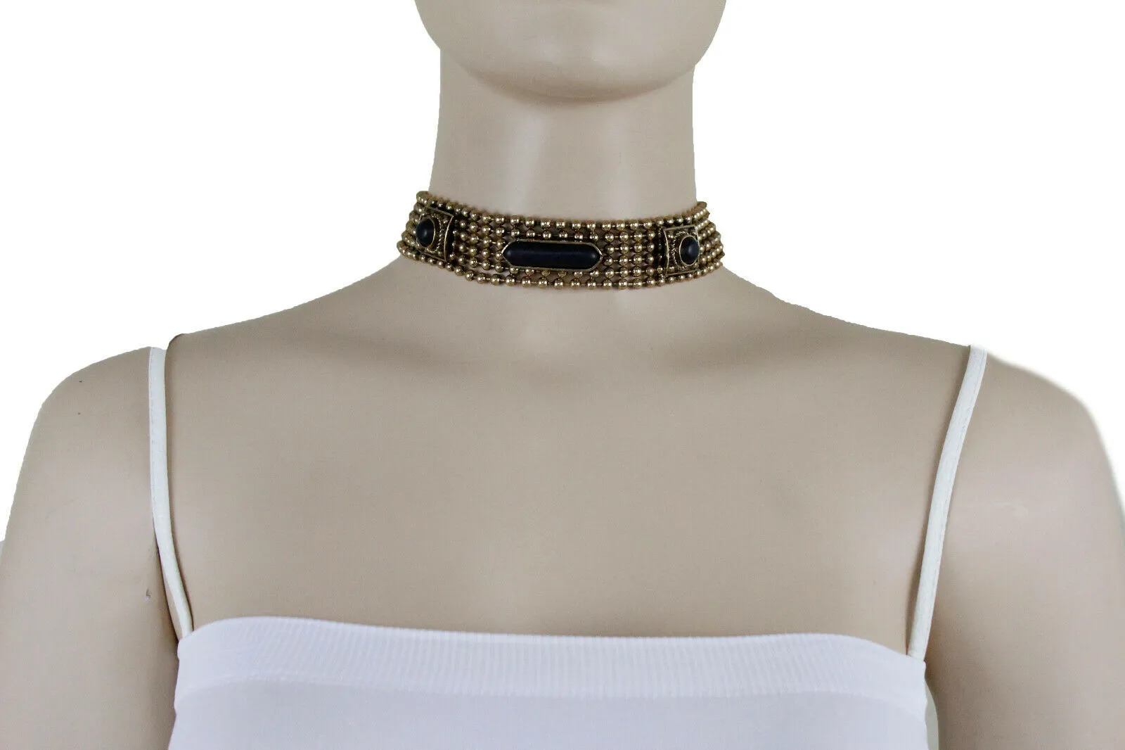 Antique Gold Metal Choker Necklace Black Beads   Earrings