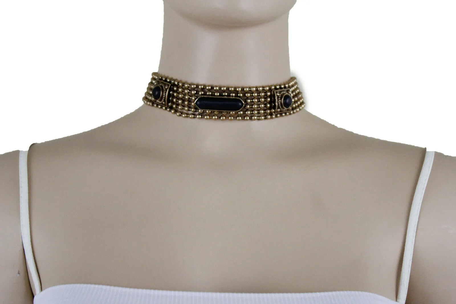 Antique Gold Metal Choker Necklace Black Beads   Earrings