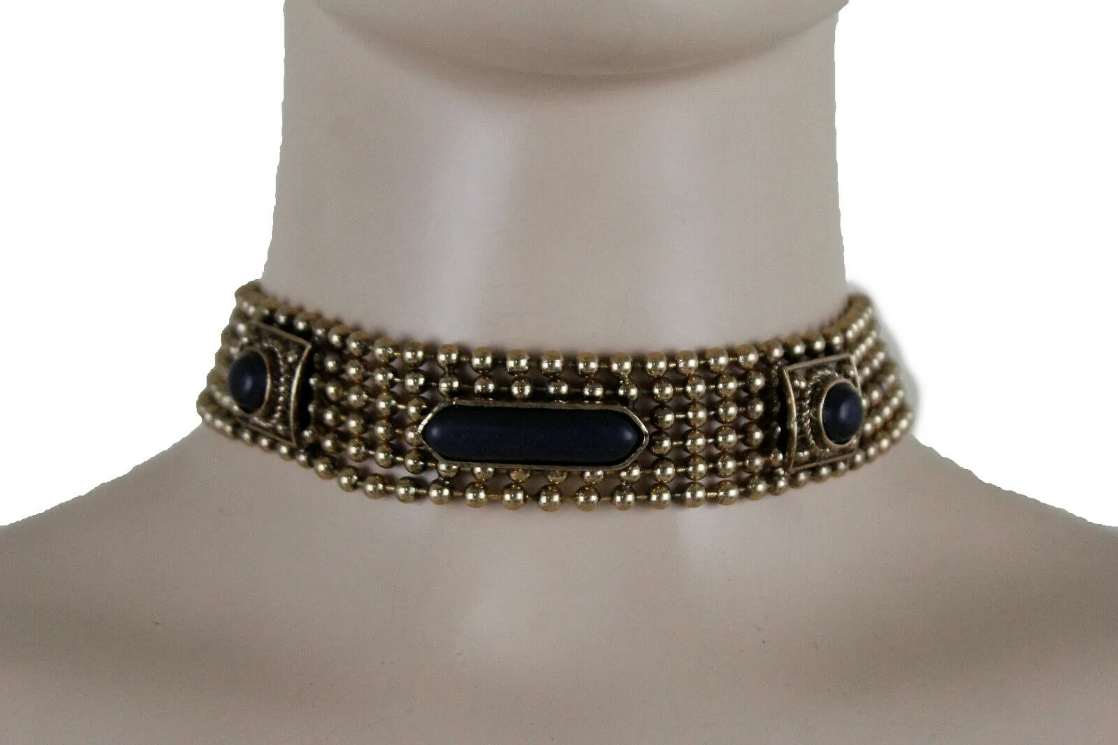 Antique Gold Metal Choker Necklace Black Beads   Earrings