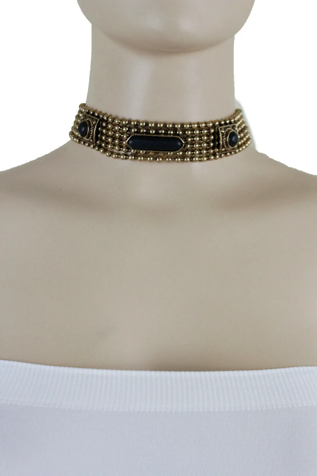 Antique Gold Metal Choker Necklace Black Beads   Earrings