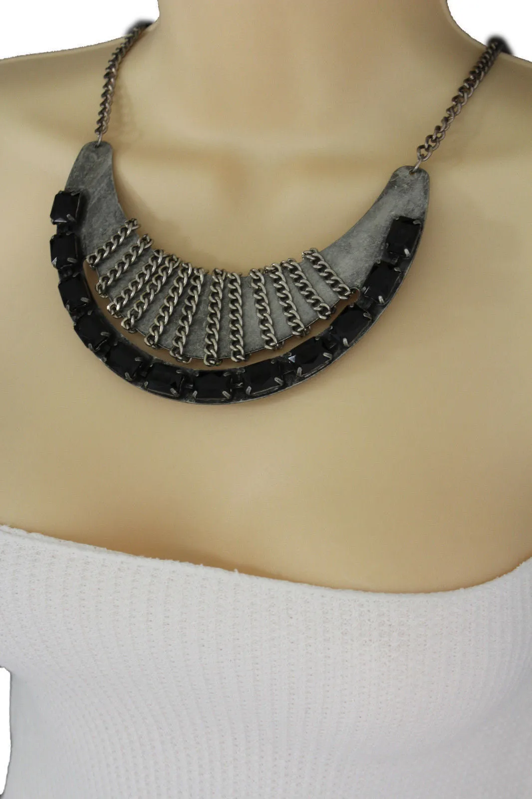 Antique Silver Metal Chain Black Bead Vintage Necklace