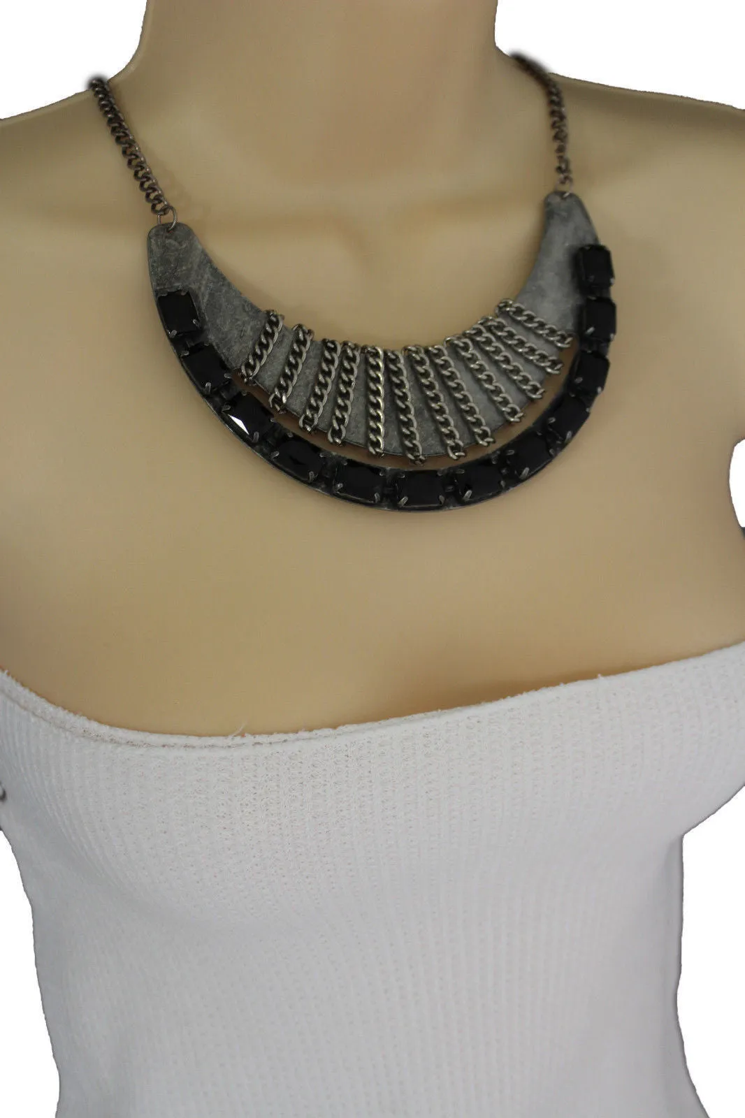 Antique Silver Metal Chain Black Bead Vintage Necklace