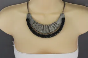 Antique Silver Metal Chain Black Bead Vintage Necklace