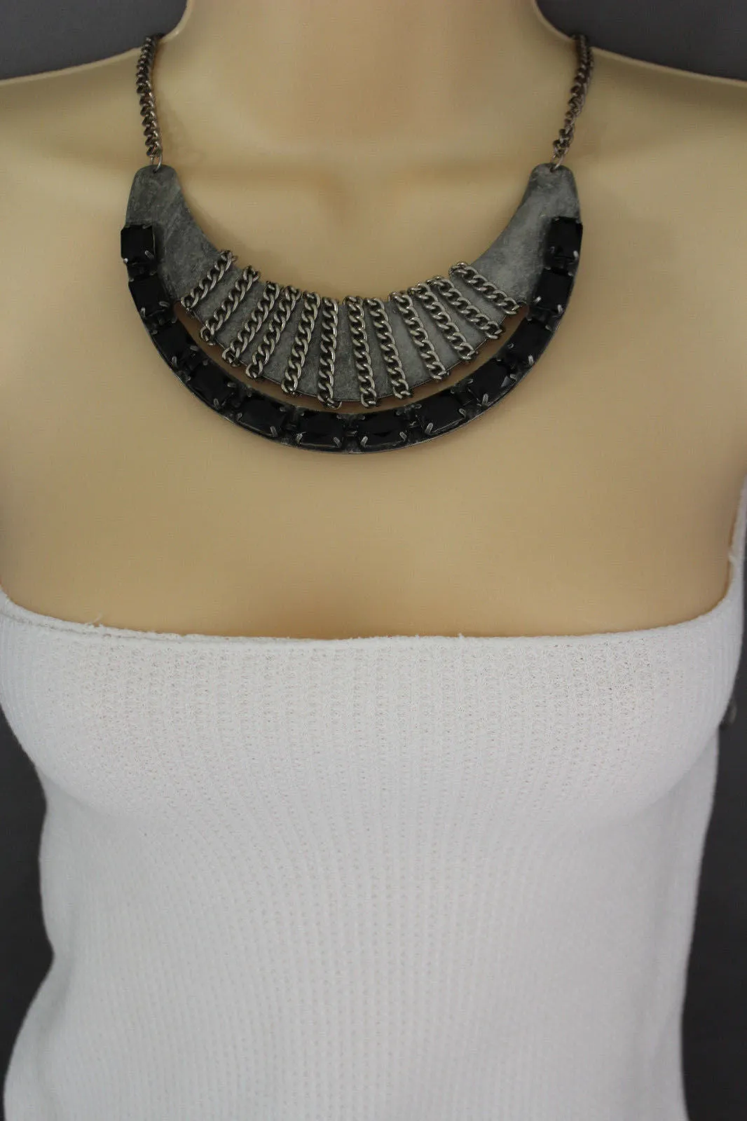 Antique Silver Metal Chain Black Bead Vintage Necklace