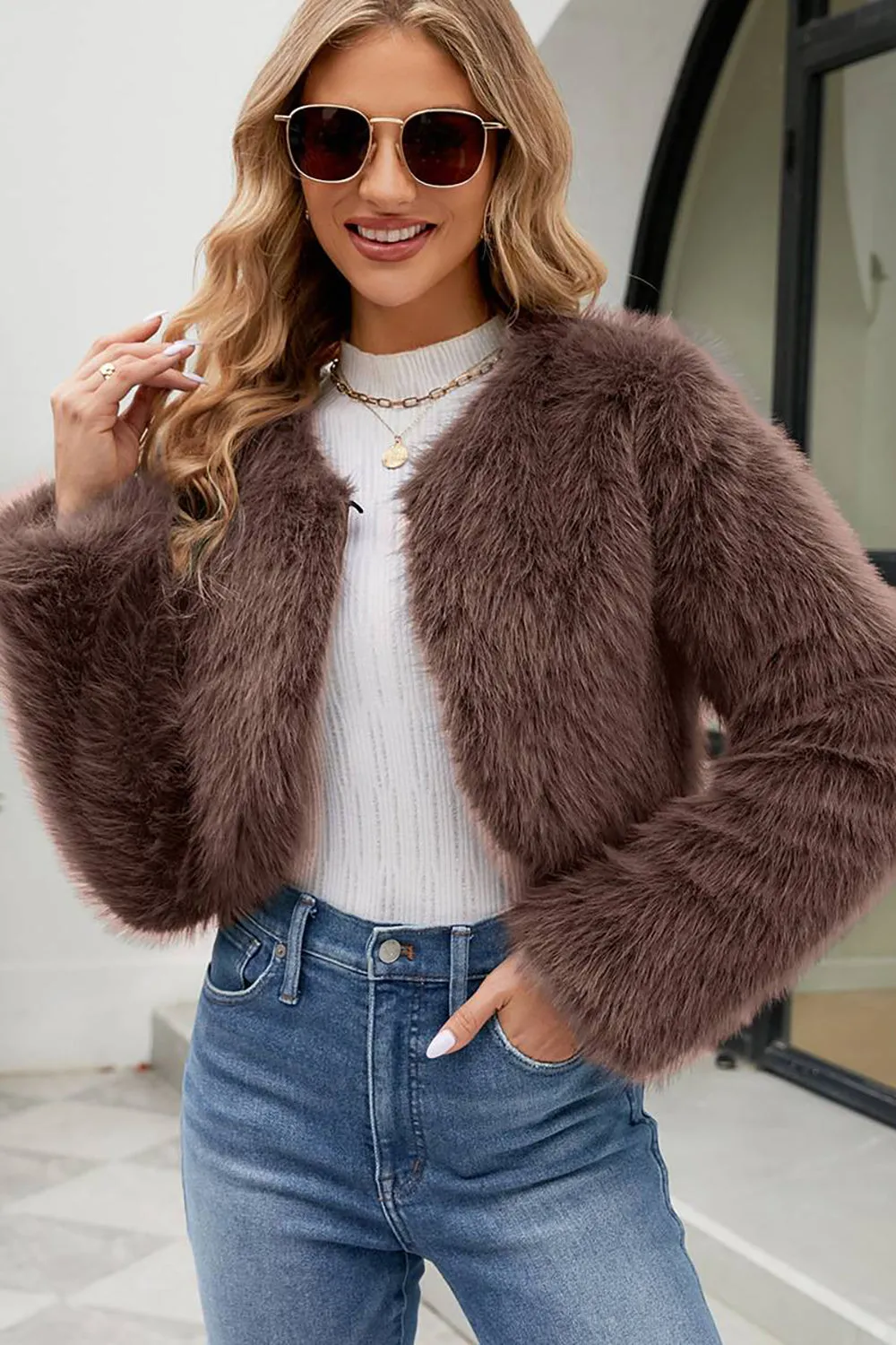 Apricot Open Front Shearling Faux Fur Cropped Coat