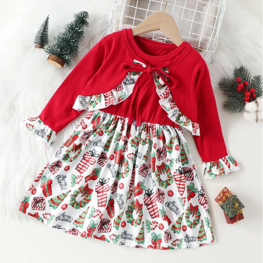 Autumn Winter Toddler Girls Lace Cardigan Christmas Print Vest Skirt Set Wholesale Girls Clothes