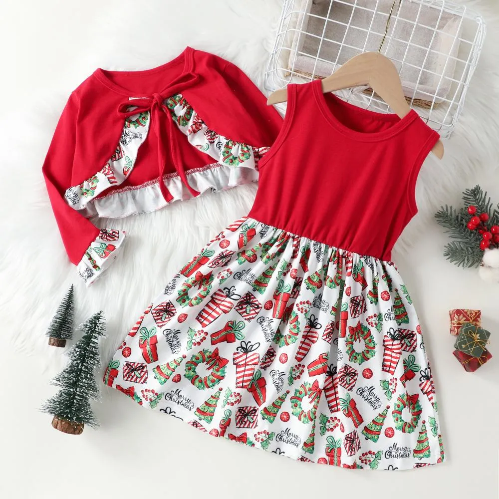 Autumn Winter Toddler Girls Lace Cardigan Christmas Print Vest Skirt Set Wholesale Girls Clothes