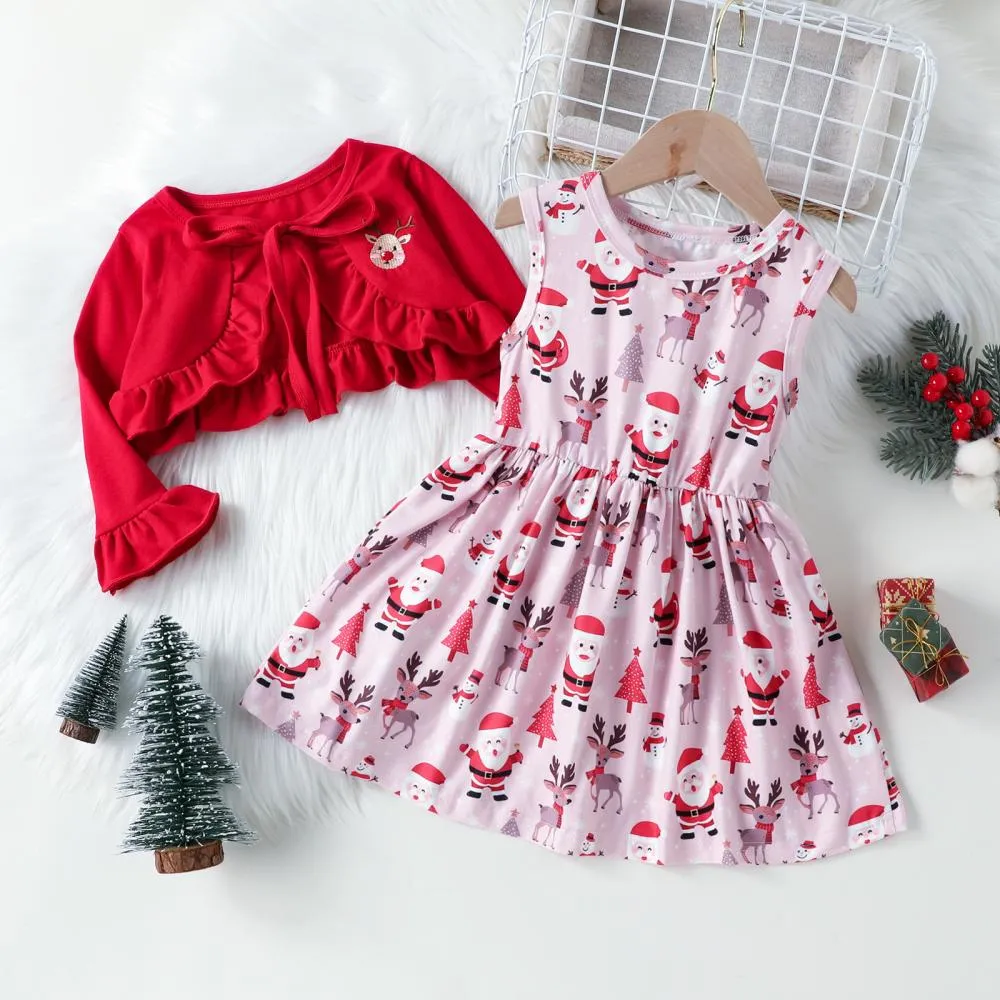 Autumn Winter Toddler Girls Lace Cardigan Christmas Print Vest Skirt Set Wholesale Girls Clothes