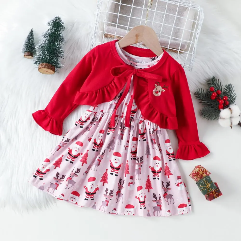 Autumn Winter Toddler Girls Lace Cardigan Christmas Print Vest Skirt Set Wholesale Girls Clothes