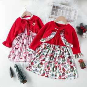 Autumn Winter Toddler Girls Lace Cardigan Christmas Print Vest Skirt Set Wholesale Girls Clothes