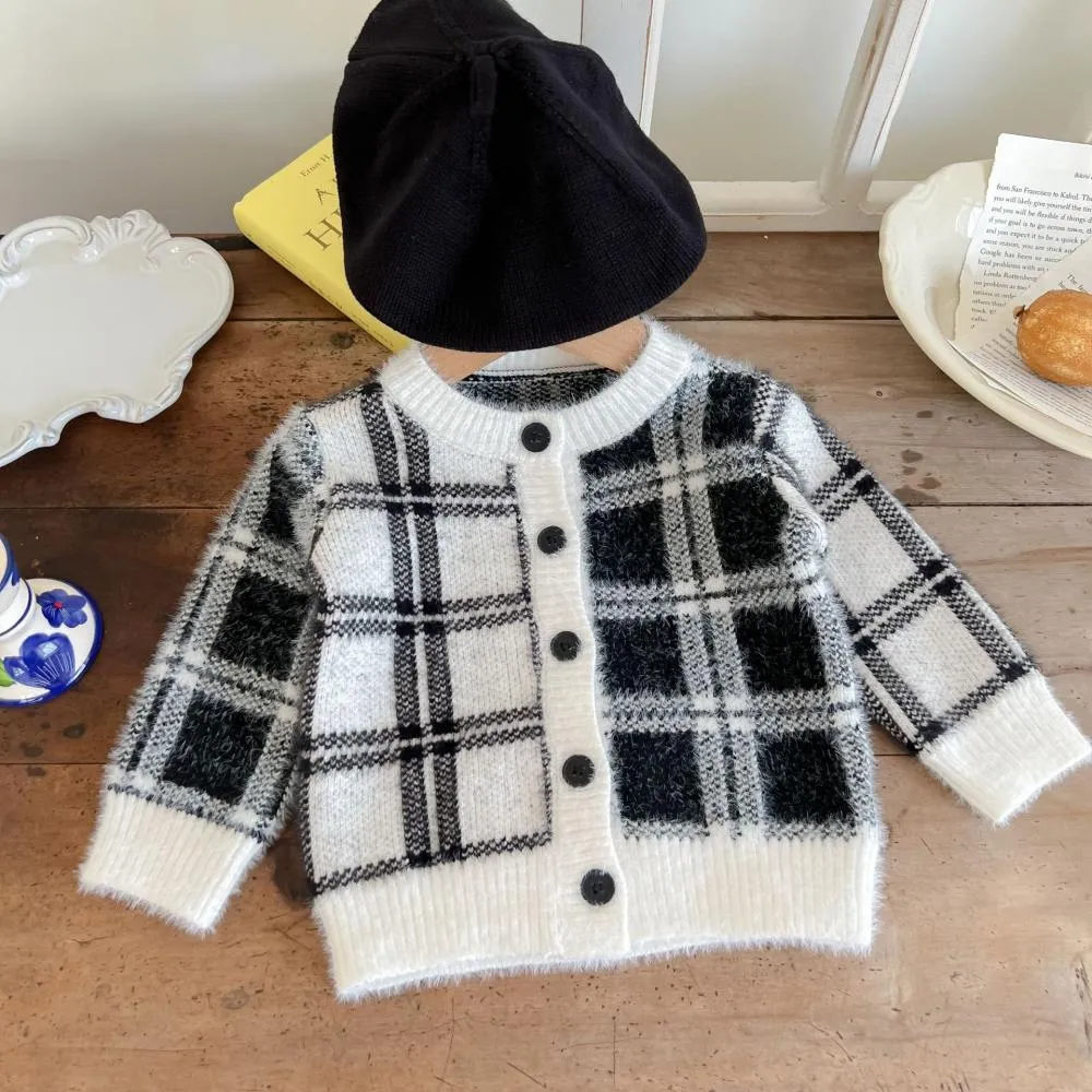 Baby Autumn Baby Classic Black and White Check Knit Cardigan Jacket Cotton Sweater Wholesale