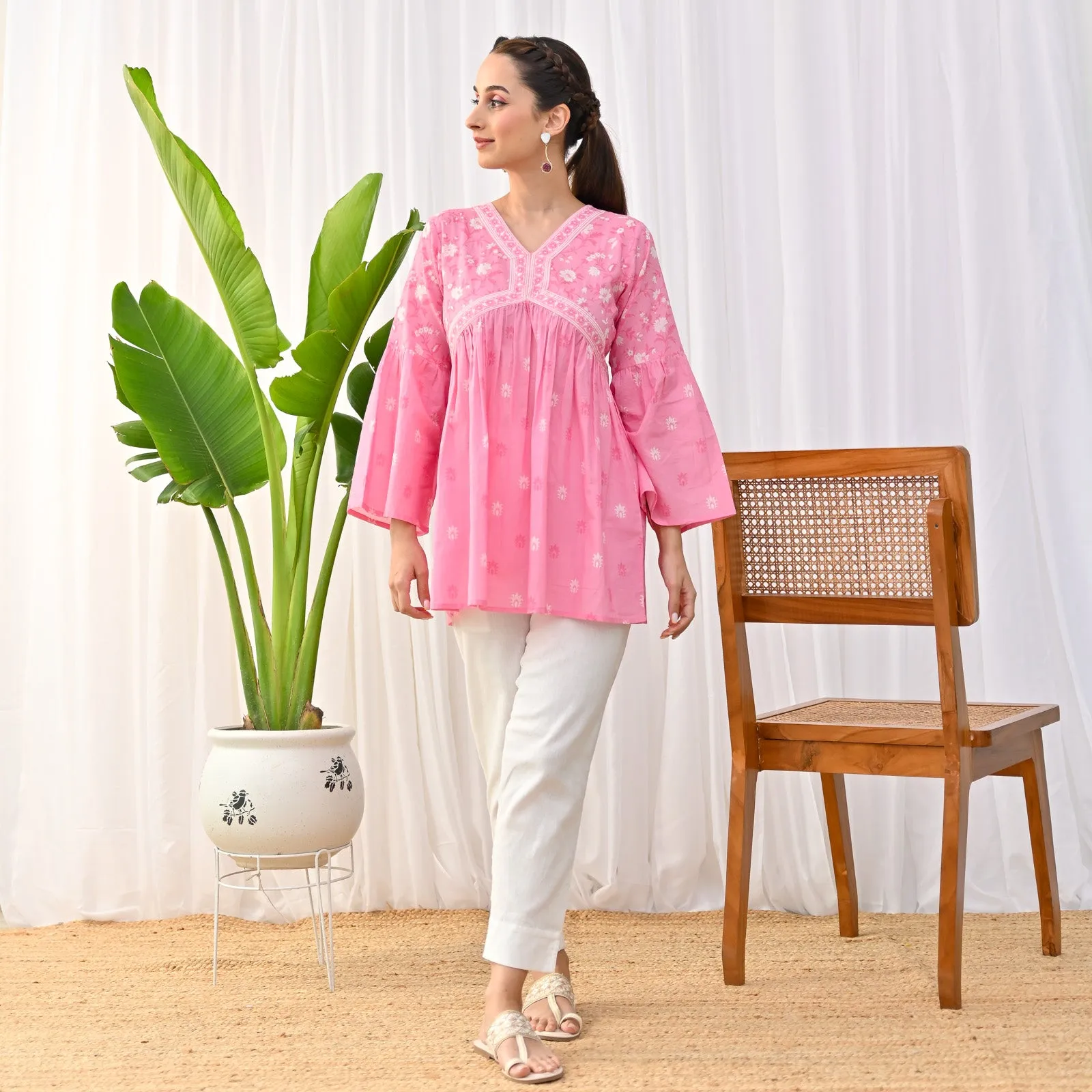 Baby Pink Sanganeri Print Tunic with Bell Sleeves