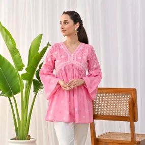 Baby Pink Sanganeri Print Tunic with Bell Sleeves