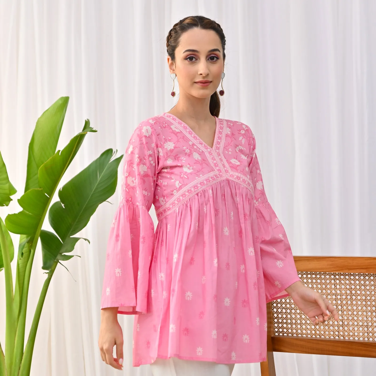 Baby Pink Sanganeri Print Tunic with Bell Sleeves