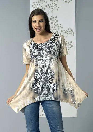 Bacci Clothing - Zaharah, Rhinestones, Sublimation, Short Sleeve Scoop Neck Top