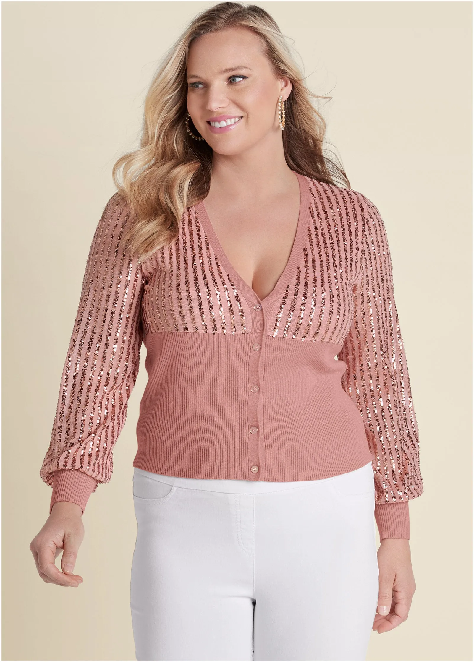 Banded Bottom Sequin Cardigan - Rose Gold