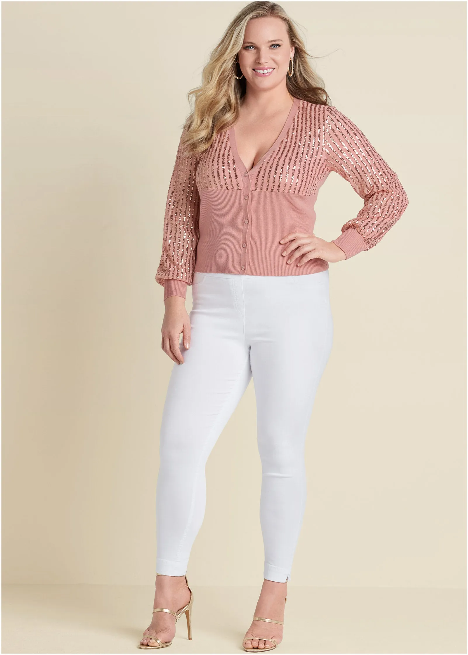 Banded Bottom Sequin Cardigan - Rose Gold