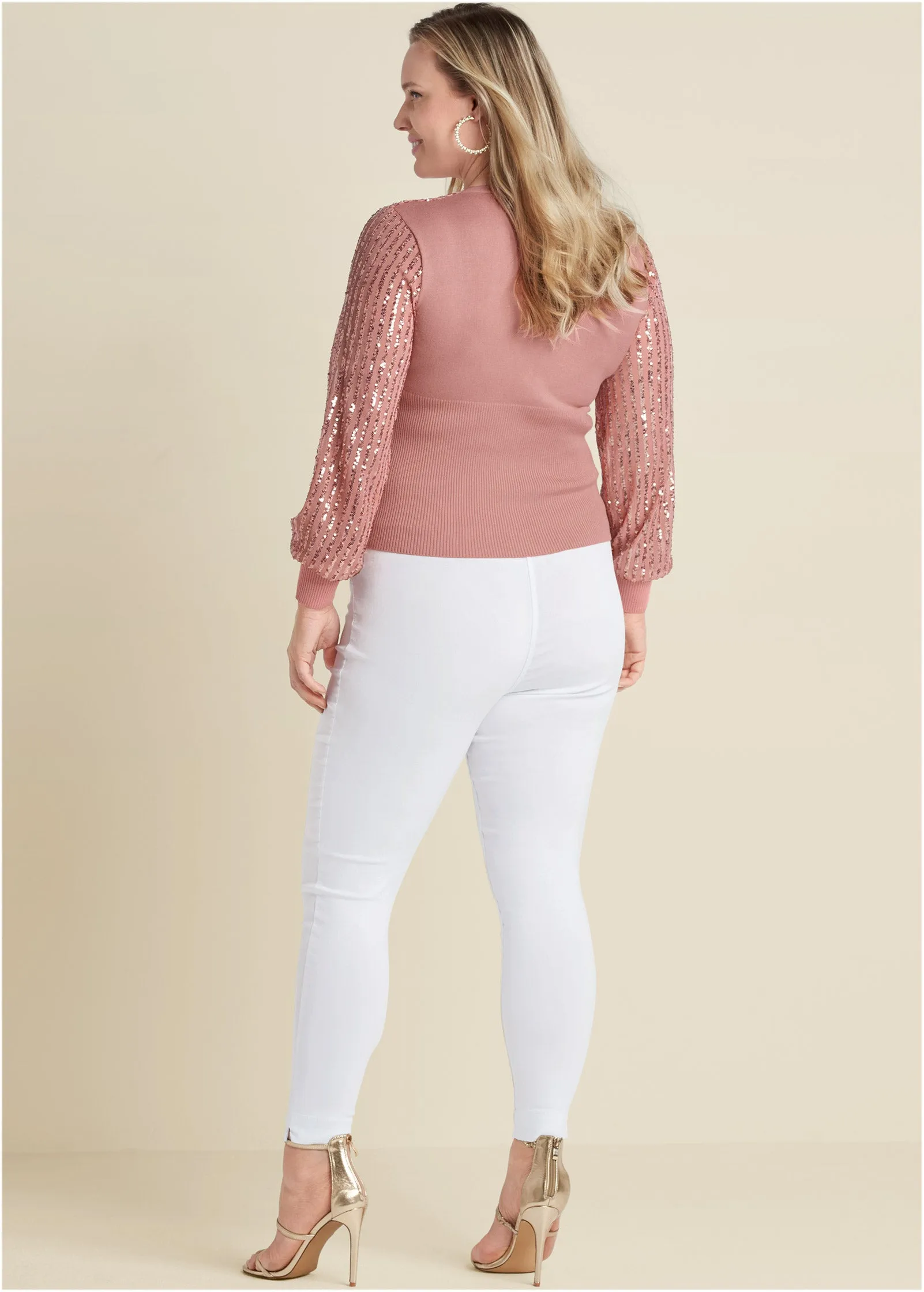 Banded Bottom Sequin Cardigan - Rose Gold