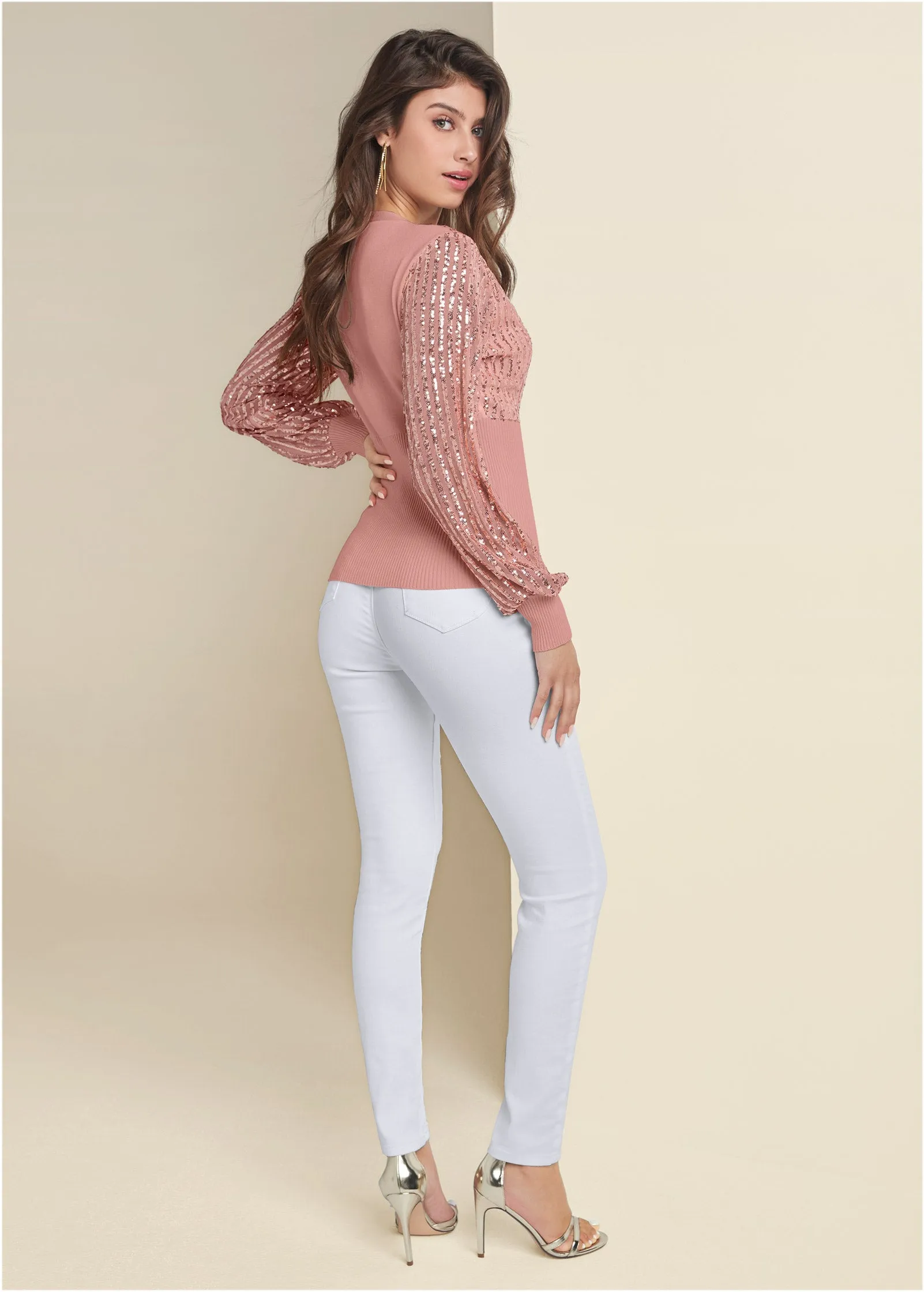 Banded Bottom Sequin Cardigan - Rose Gold