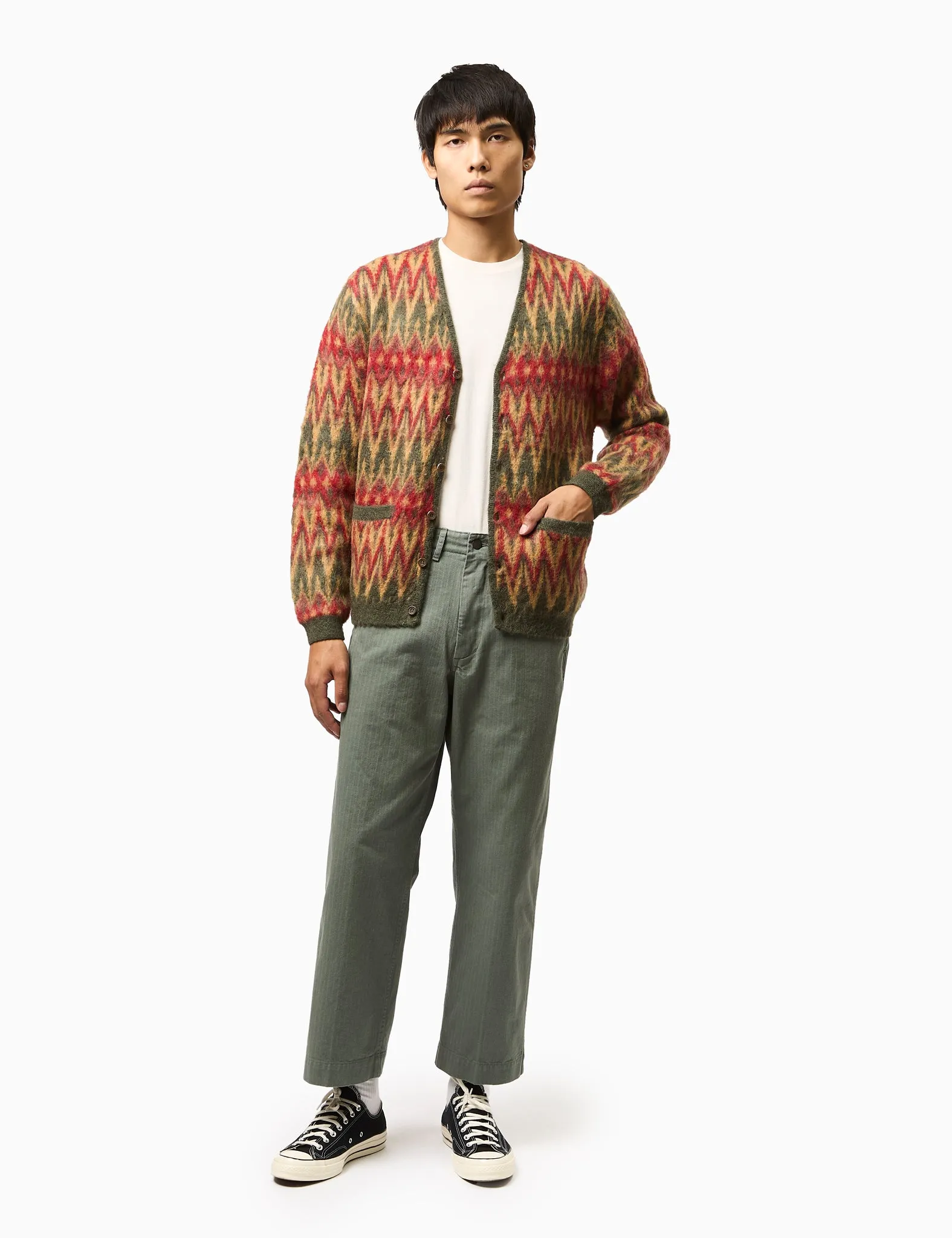 Beams Plus Chevron Pattern Cardigan (Double Jacquard) - Green