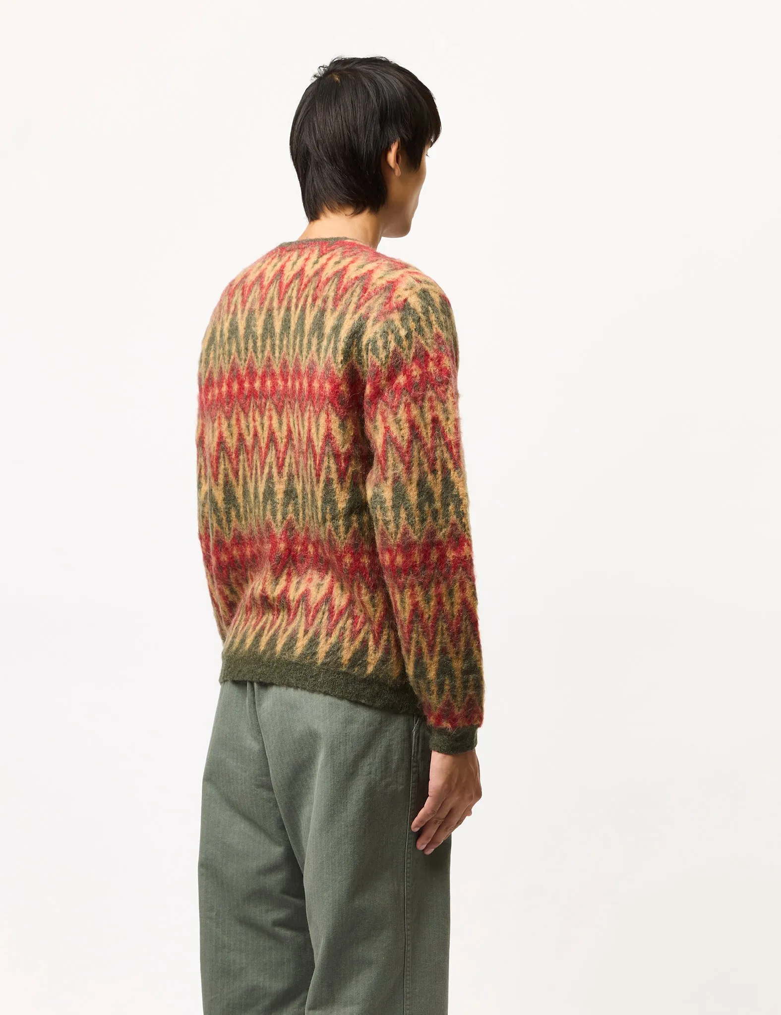 Beams Plus Chevron Pattern Cardigan (Double Jacquard) - Green