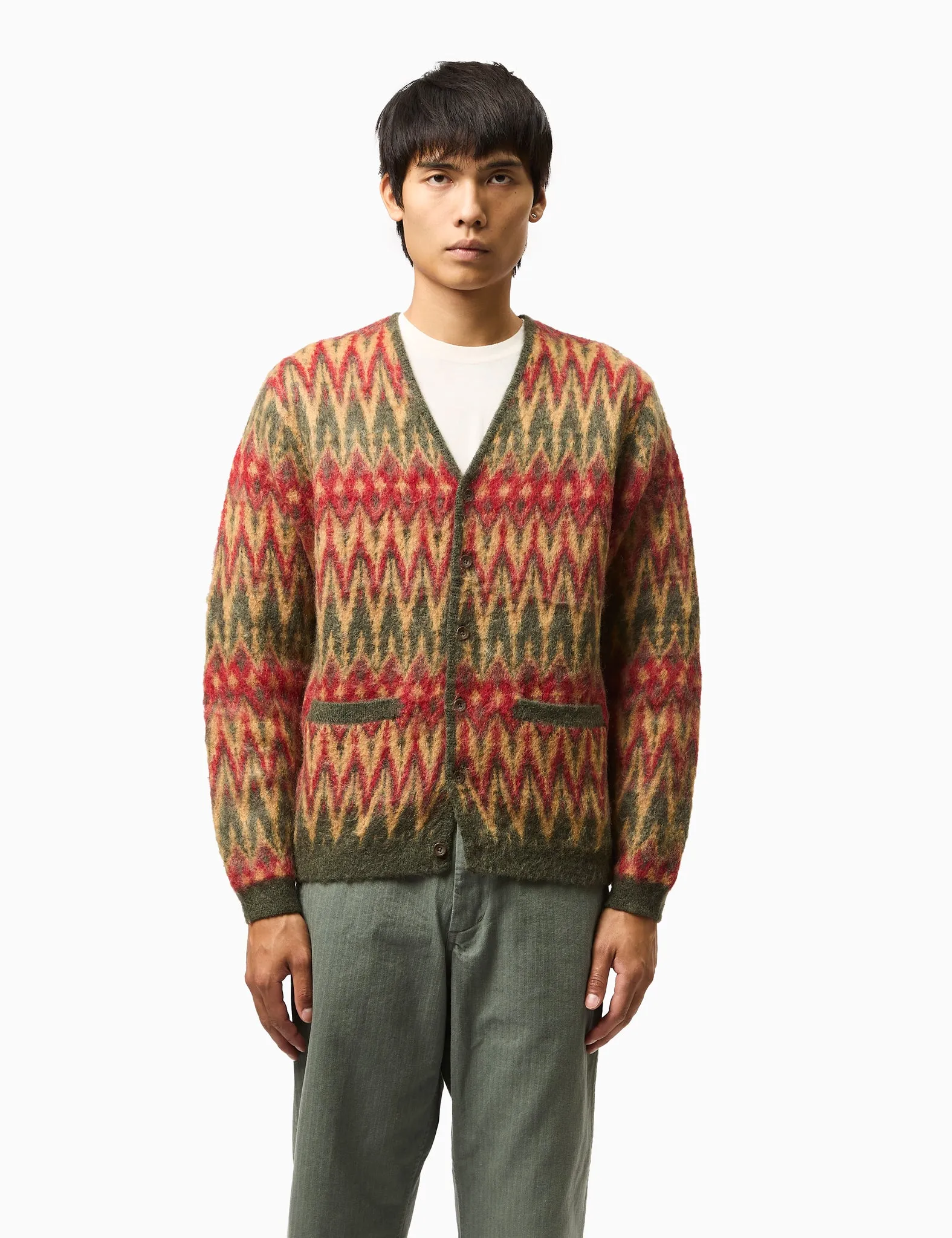 Beams Plus Chevron Pattern Cardigan (Double Jacquard) - Green