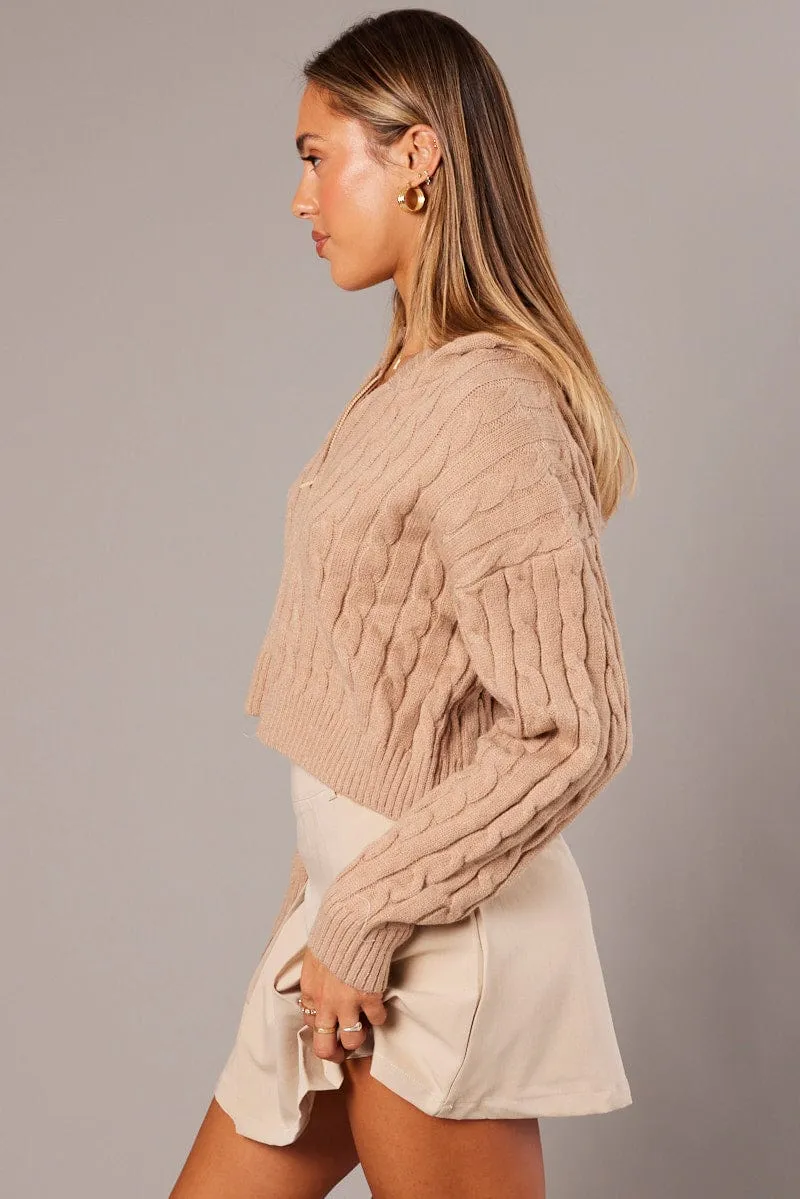 Beige Hooded Cardigan Long Sleeve Cable Knit Zip Up