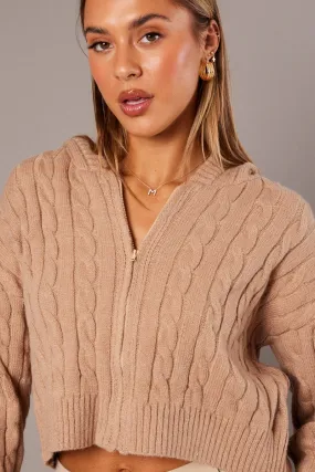 Beige Hooded Cardigan Long Sleeve Cable Knit Zip Up