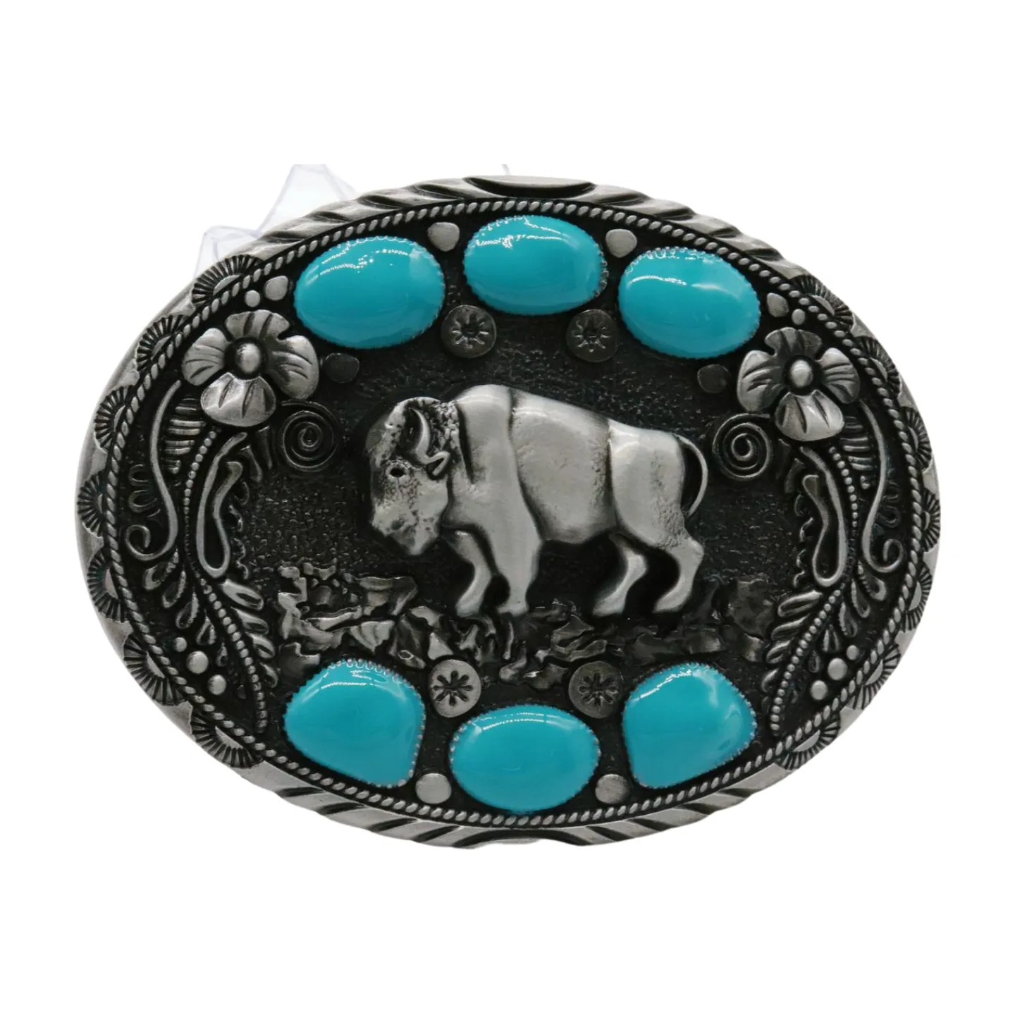 Bison Buffalo & Turquoise Beads Oval Shaped Metal Belt Buckle