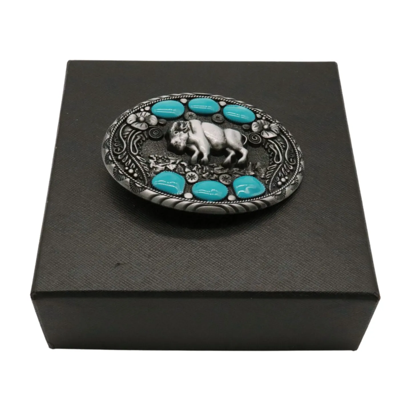 Bison Buffalo & Turquoise Beads Oval Shaped Metal Belt Buckle