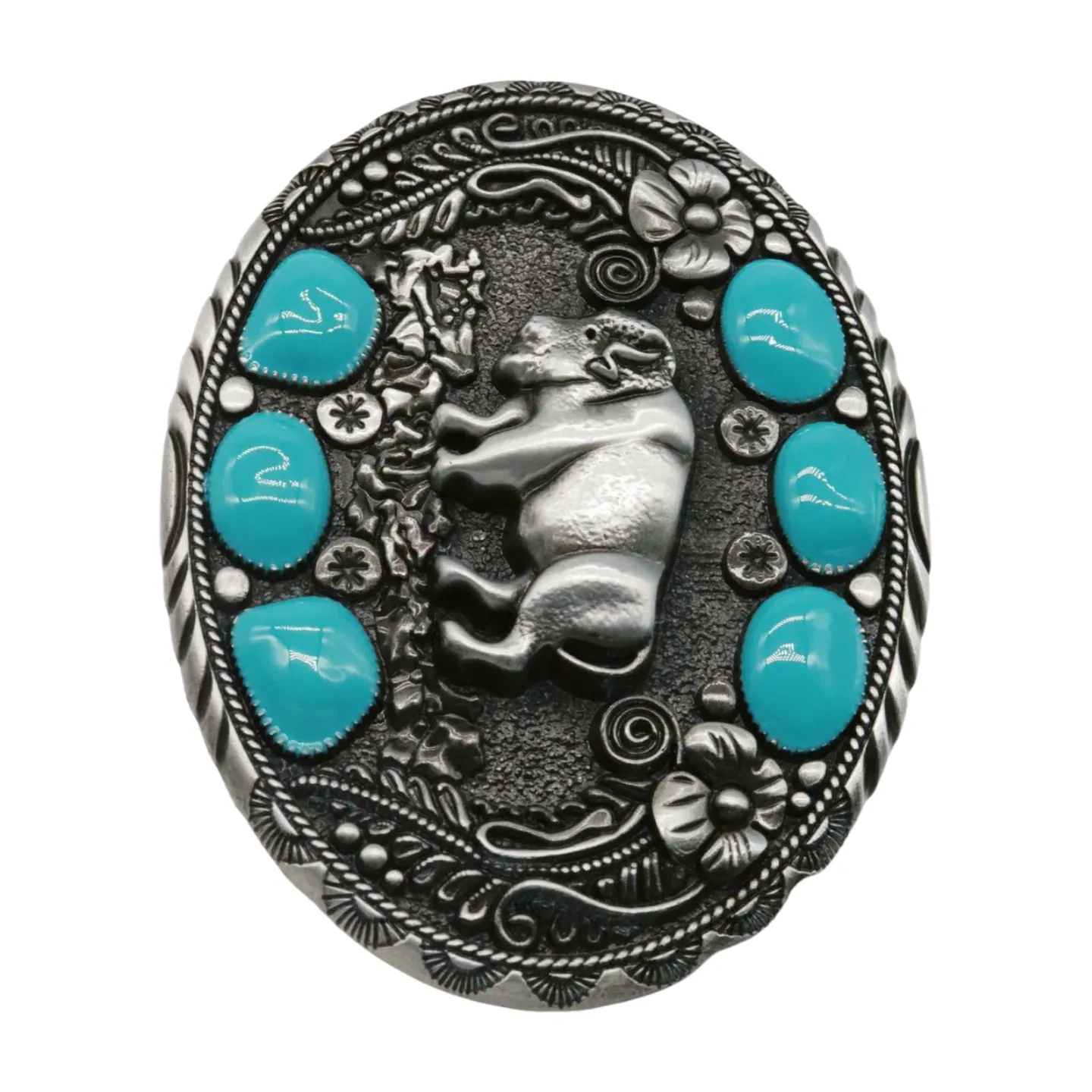 Bison Buffalo & Turquoise Beads Oval Shaped Metal Belt Buckle