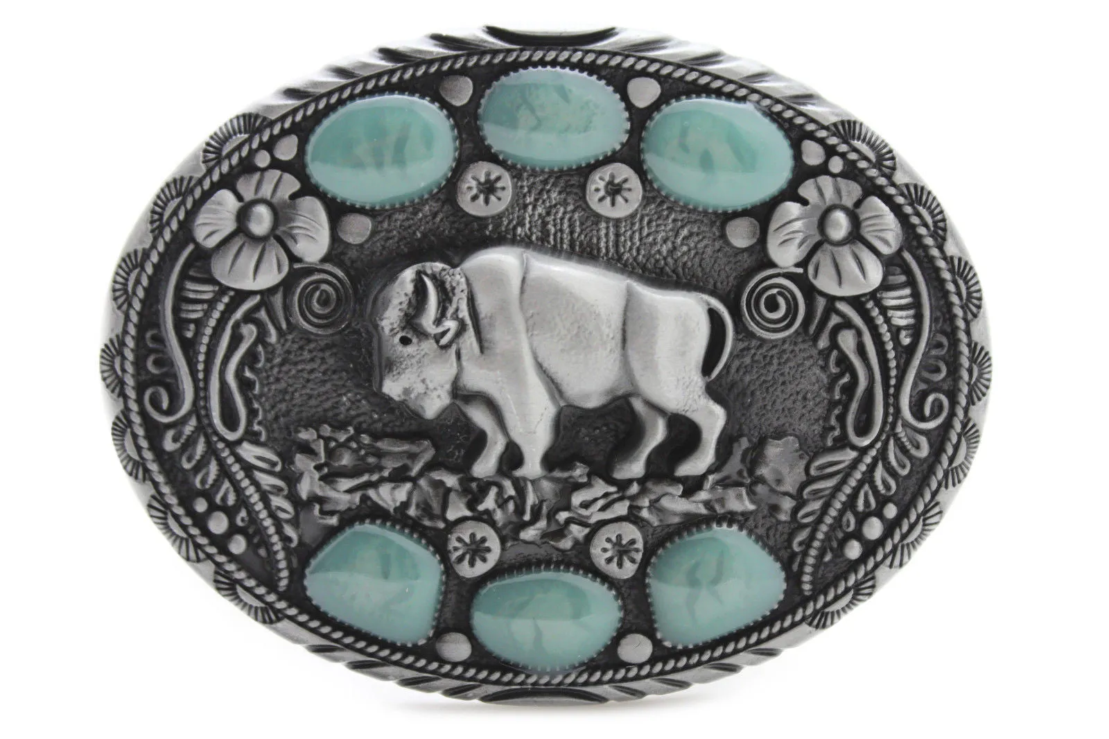 Bison Buffalo & Turquoise Beads Oval Shaped Metal Belt Buckle