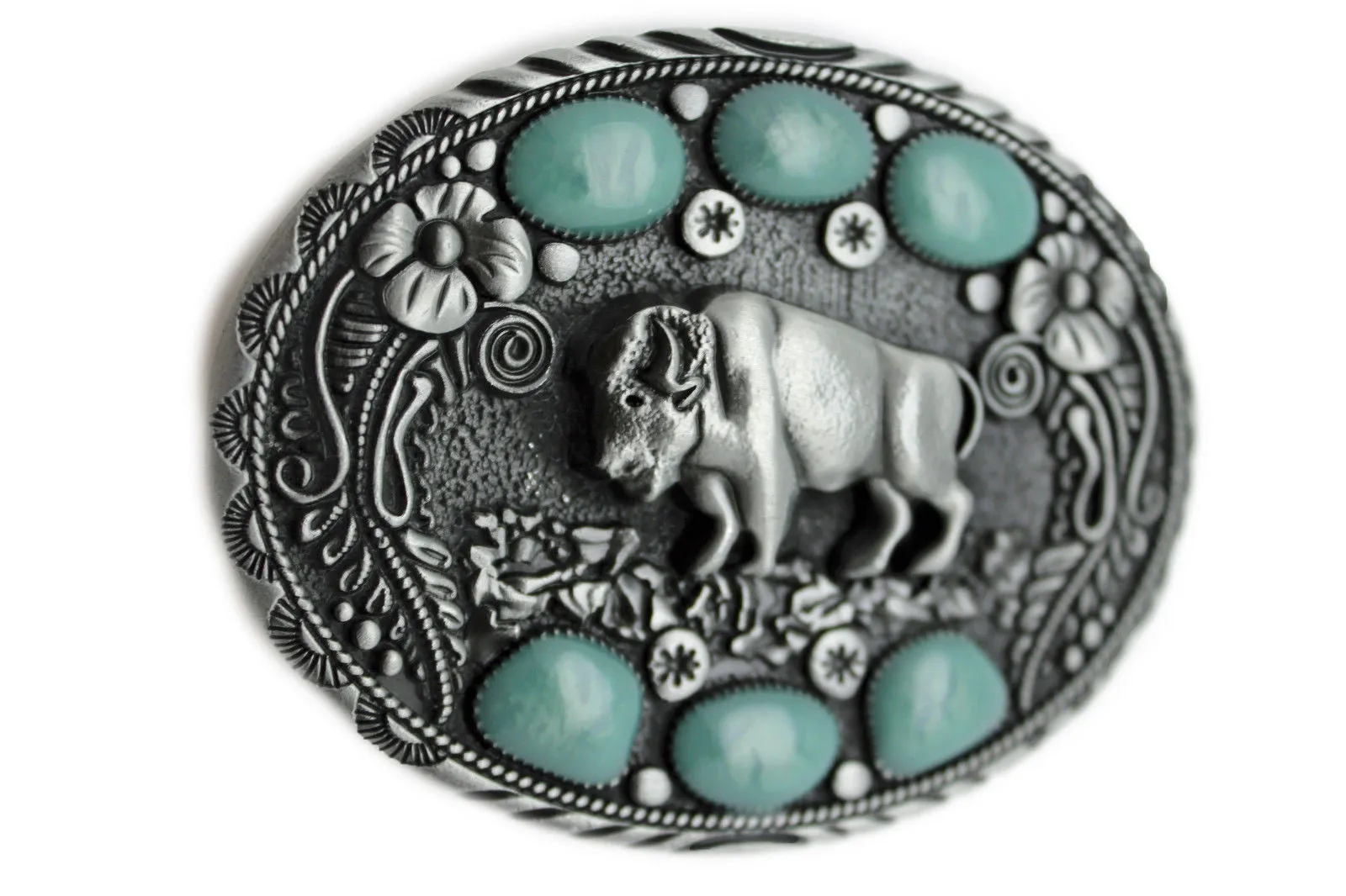 Bison Buffalo & Turquoise Beads Oval Shaped Metal Belt Buckle