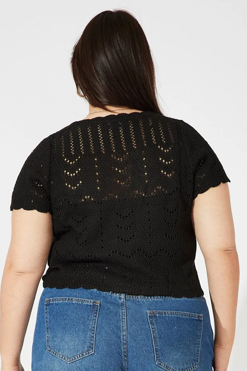 Black Crochet Knit Cardigan Short Sleeve