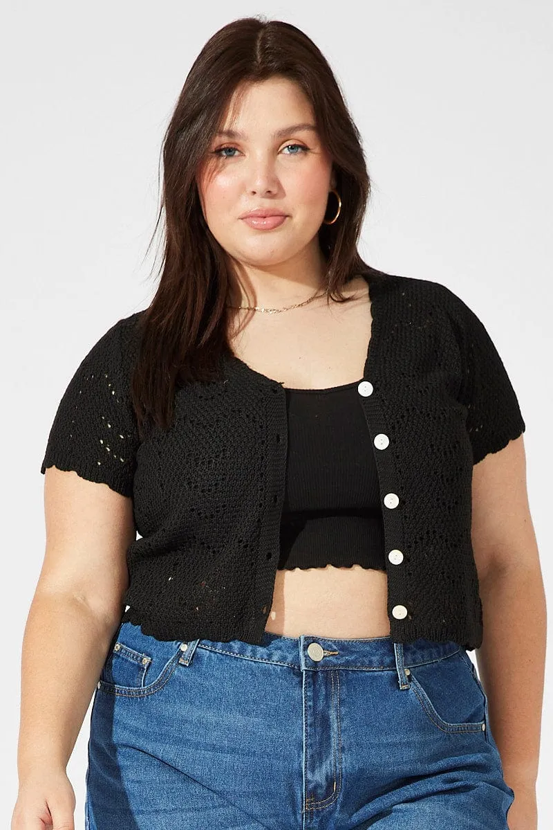 Black Crochet Knit Cardigan Short Sleeve