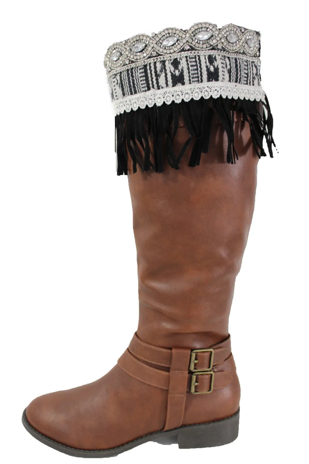 Black Faux Leather Fringes Cream Lace Rhinestone Boot Toppers Boho Women Western