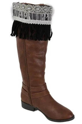 Black Faux Leather Fringes Cream Lace Rhinestone Boot Toppers Boho Women Western