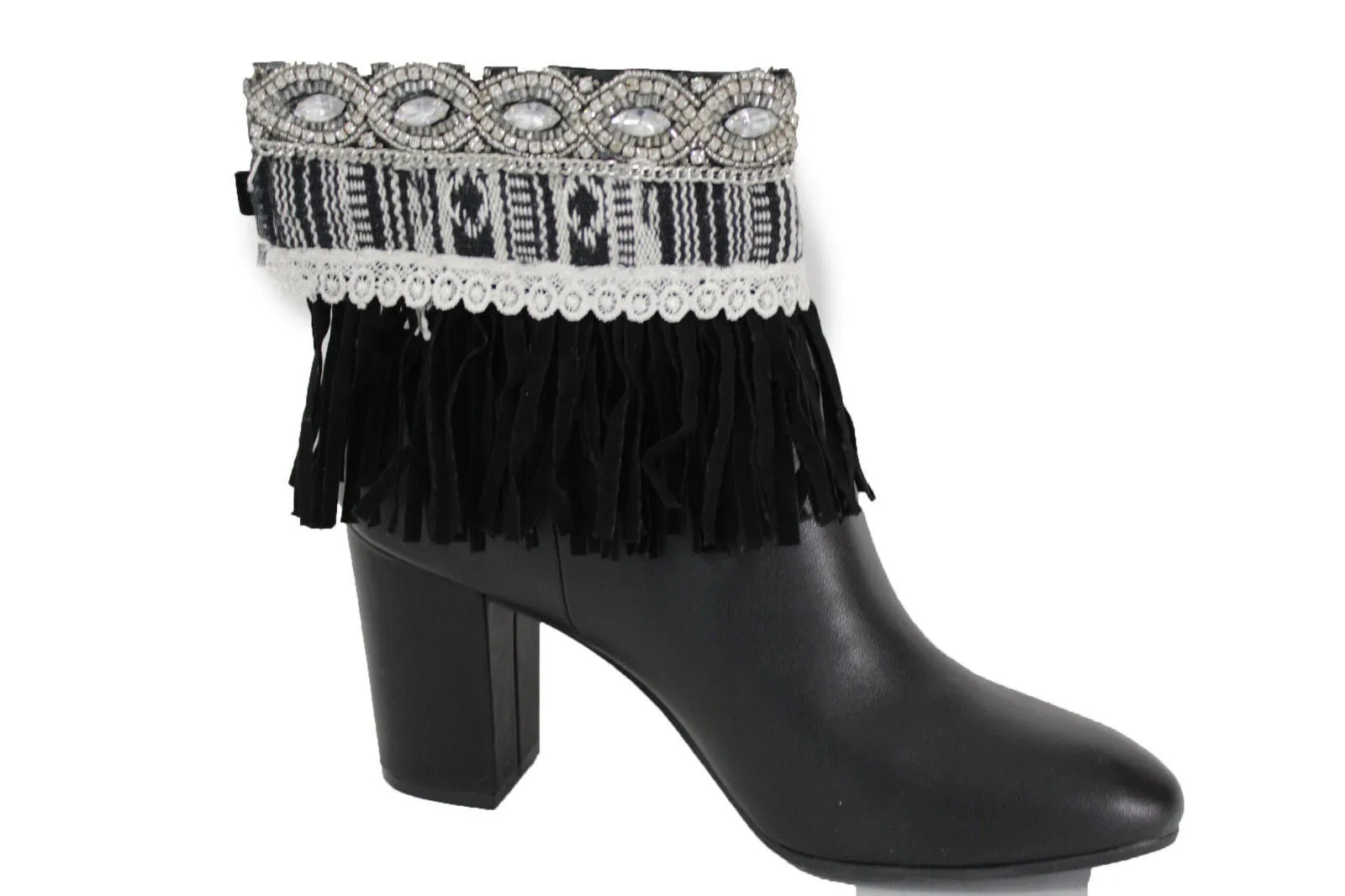 Black Faux Leather Fringes Cream Lace Rhinestone Boot Toppers Boho Women Western