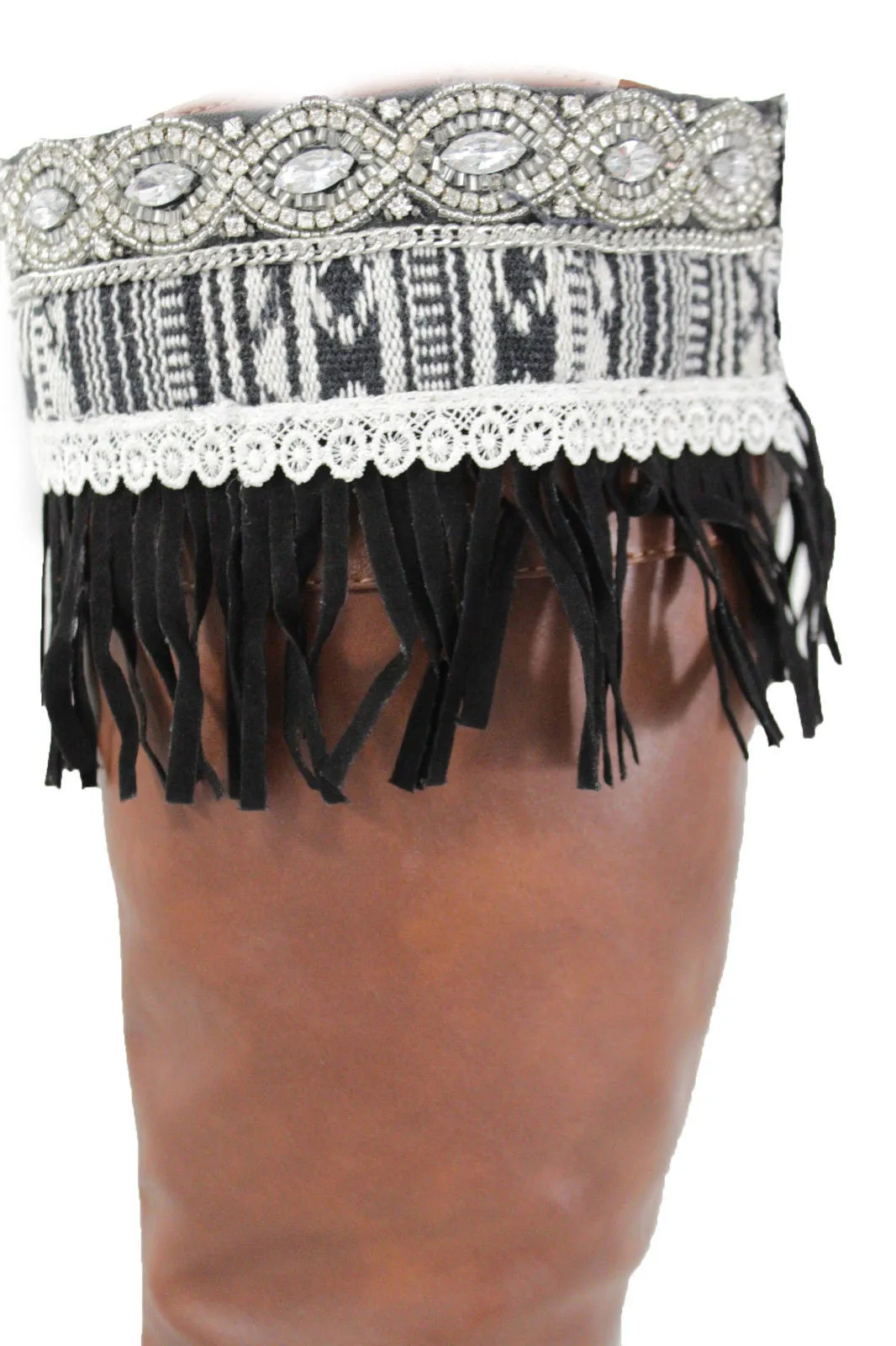 Black Faux Leather Fringes Cream Lace Rhinestone Boot Toppers Boho Women Western