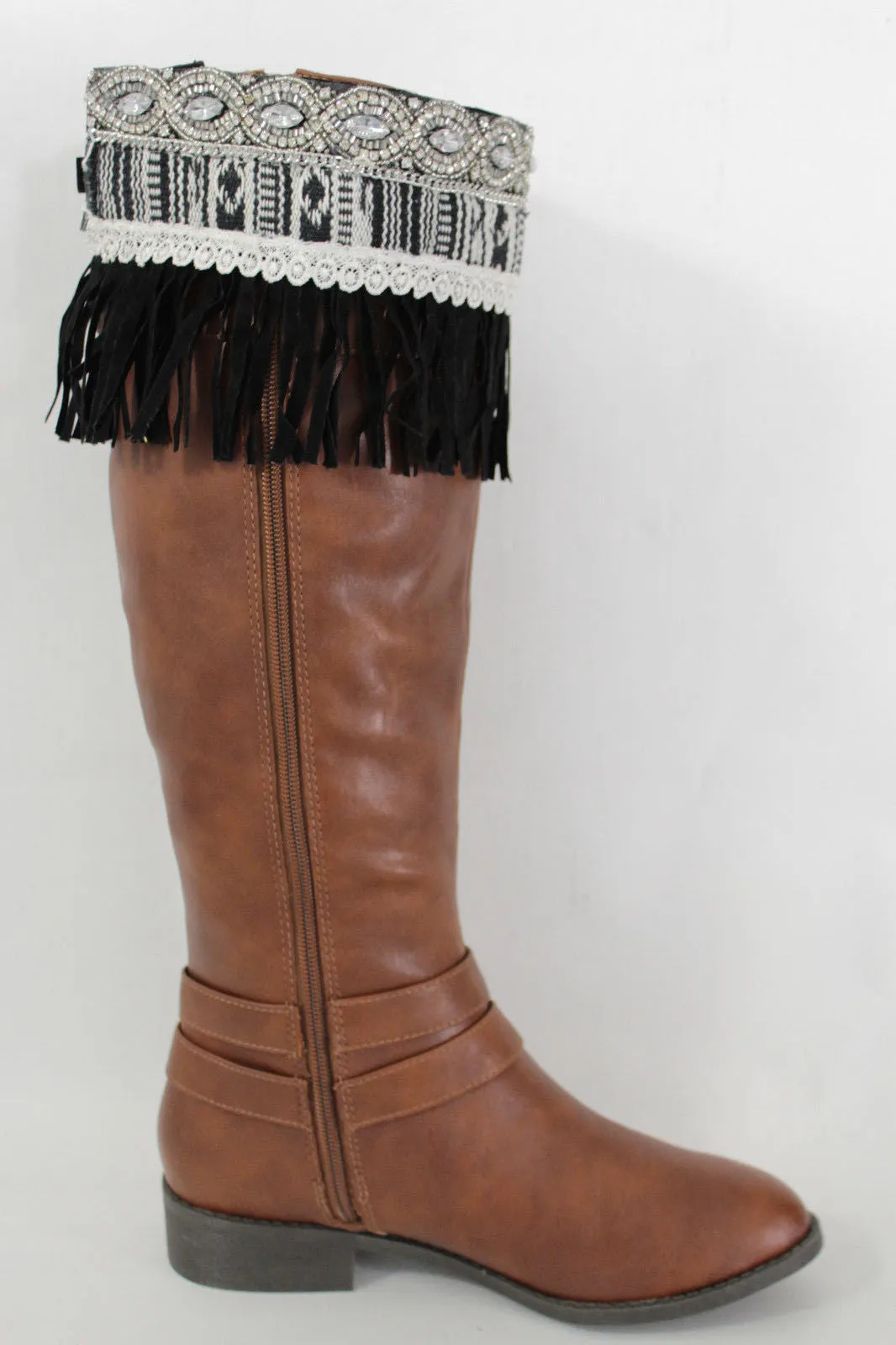 Black Faux Leather Fringes Cream Lace Rhinestone Boot Toppers Boho Women Western